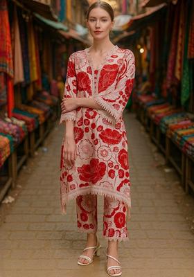 Red Printed Cotton Kurta Set