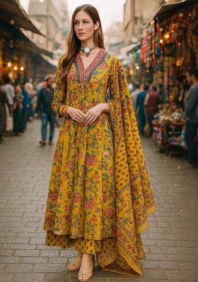 Yellow Printed Cotton Kurta Set
