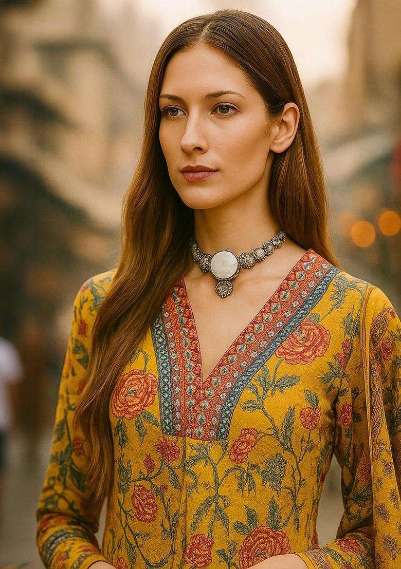 Yellow Printed Cotton Kurta Set - Indya