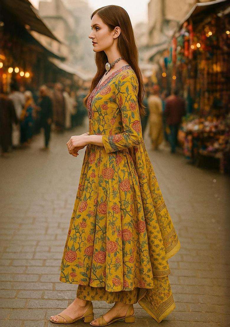 Yellow Printed Cotton Kurta Set - Indya