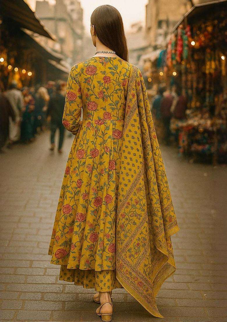 Yellow Printed Cotton Kurta Set - Indya