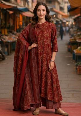 Maroon Printed Cotton Kurta Set