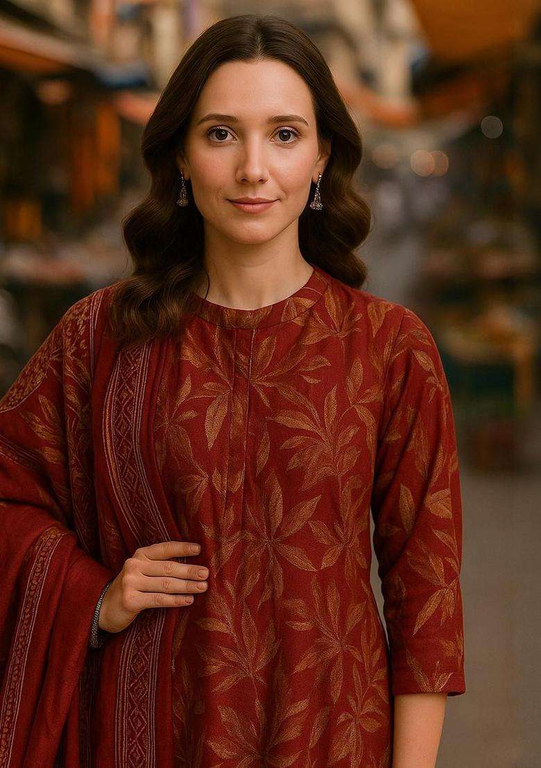 Maroon Printed Cotton Kurta Set - Indya