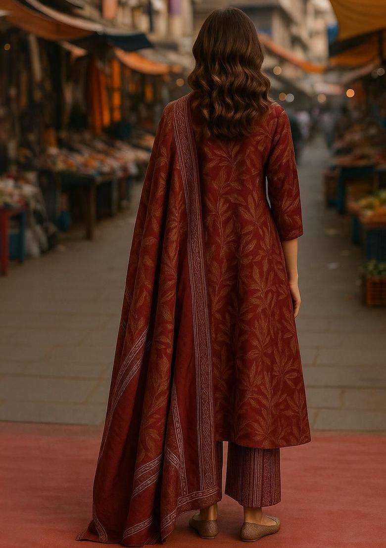 Maroon Printed Cotton Kurta Set - Indya