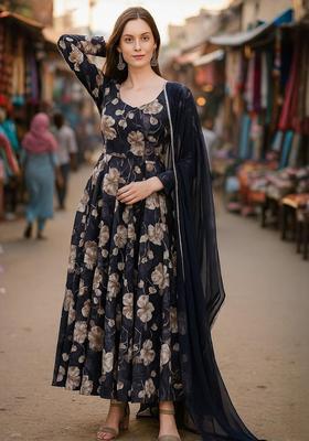 Black Printed Georgette Kurta Set