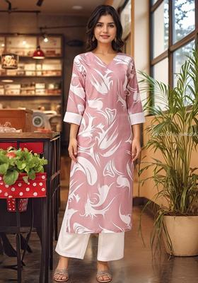 Peach Printed Viscose Kurta Set