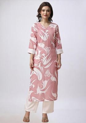 Peach Printed Viscose Kurta Set