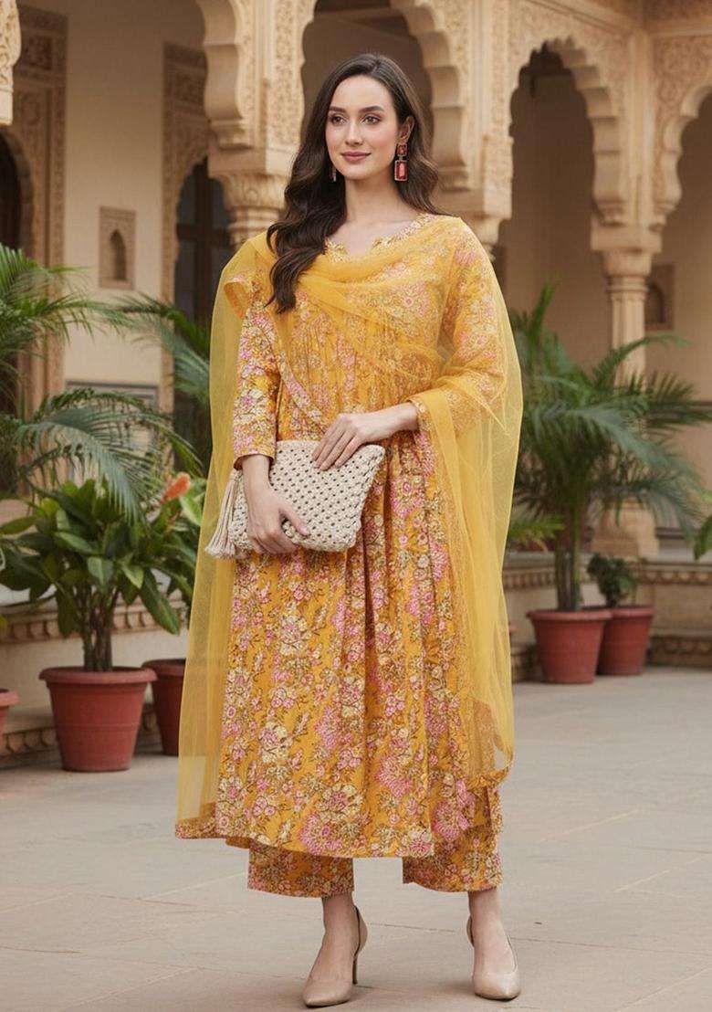 Yellow Printed Cotton Anarkali Set - Indya