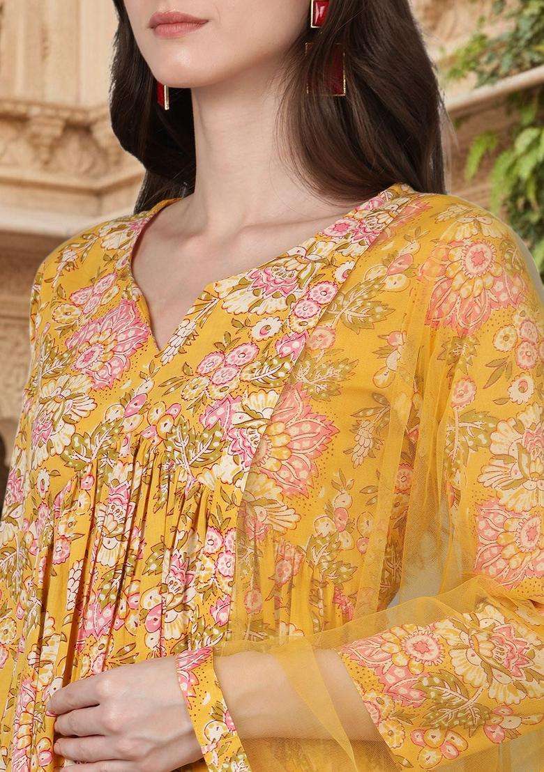 Yellow Printed Cotton Anarkali Set - Indya
