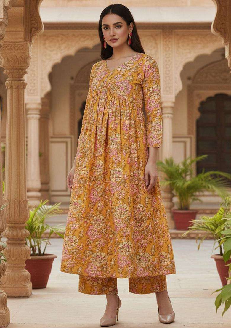 Yellow Printed Cotton Anarkali Set - Indya