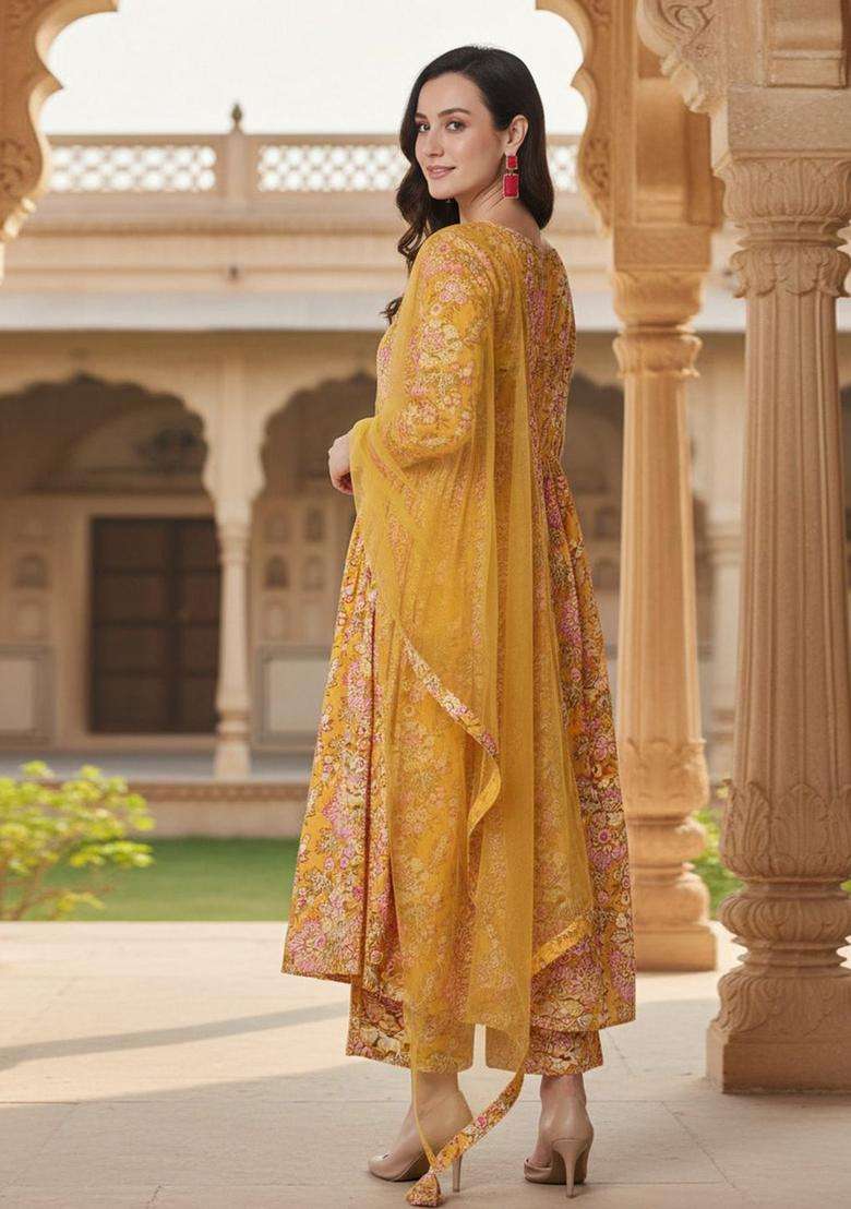 Yellow Printed Cotton Anarkali Set - Indya