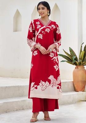 Red Printed Viscose Kurta Set