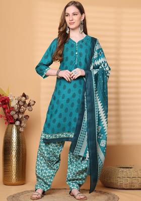 Teal Printed Cotton Kurta Set