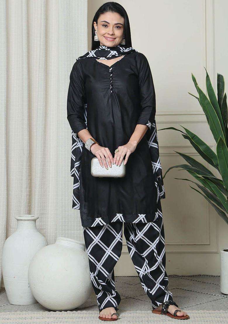 Black Printed Cotton Kurta Set - Indya