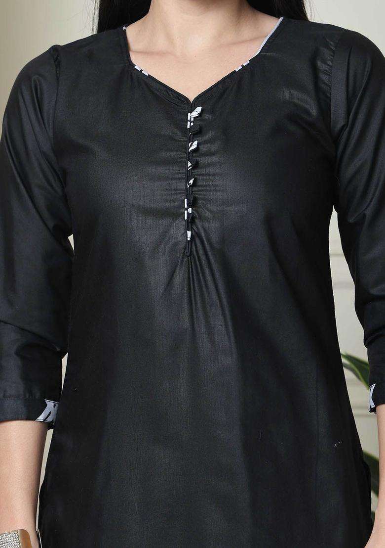 Black Printed Cotton Kurta Set - Indya