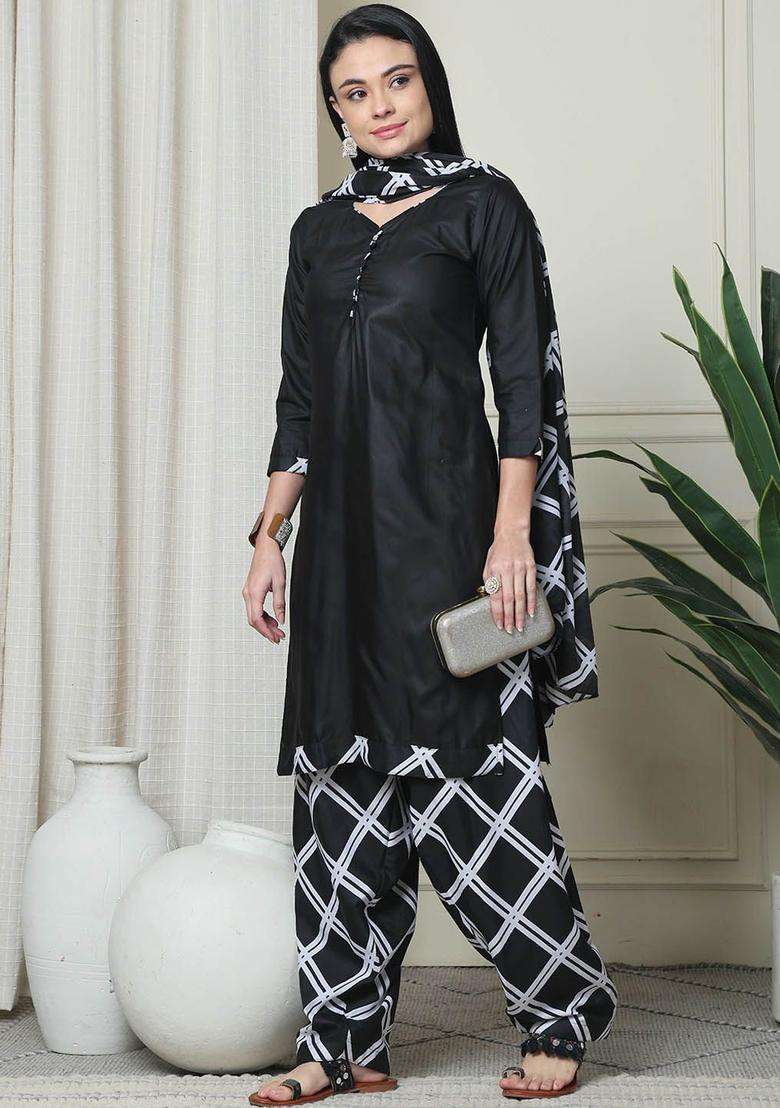 Black Printed Cotton Kurta Set - Indya