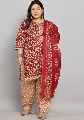 Maroon Printed Cotton Kurta Set