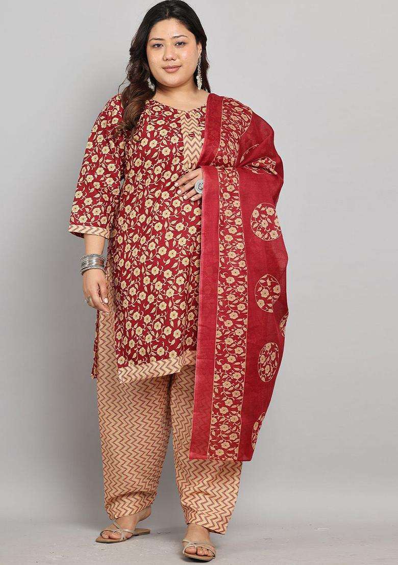 Maroon Printed Cotton Kurta Set - Indya