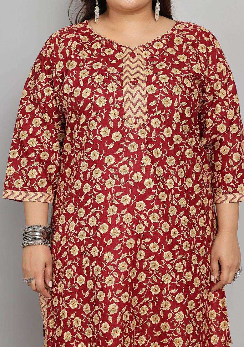 Maroon Printed Cotton Kurta Set - Indya