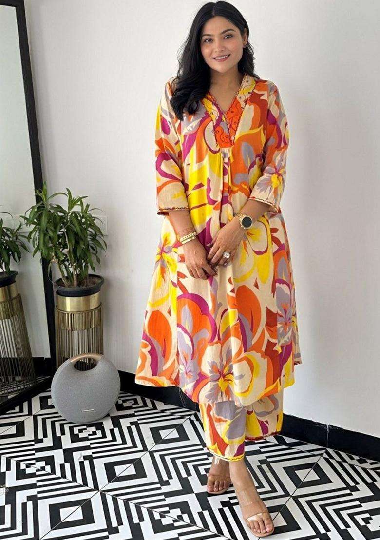 Yellow Printed Cotton Kurta Set - Indya