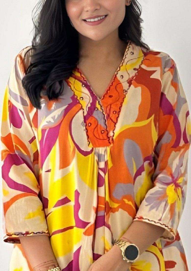 Yellow Printed Cotton Kurta Set - Indya