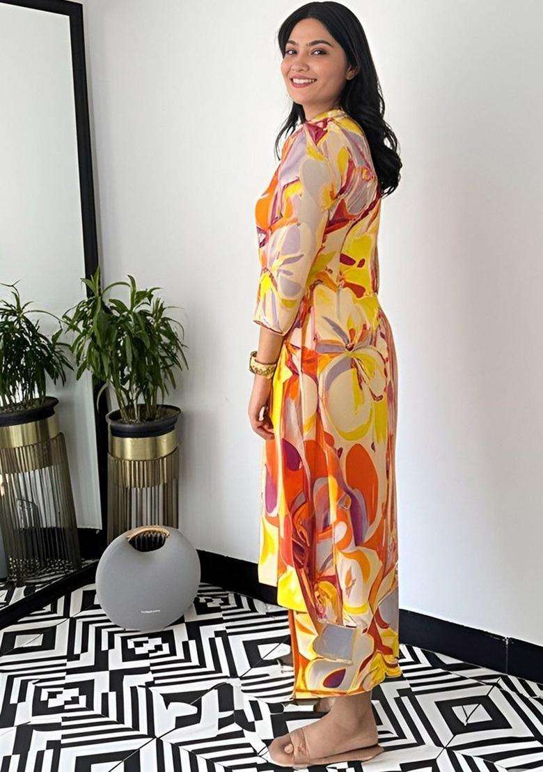 Yellow Printed Cotton Kurta Set - Indya