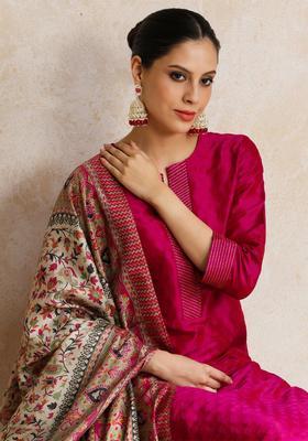 Pink Woven Design Silk Blend Kurta Set