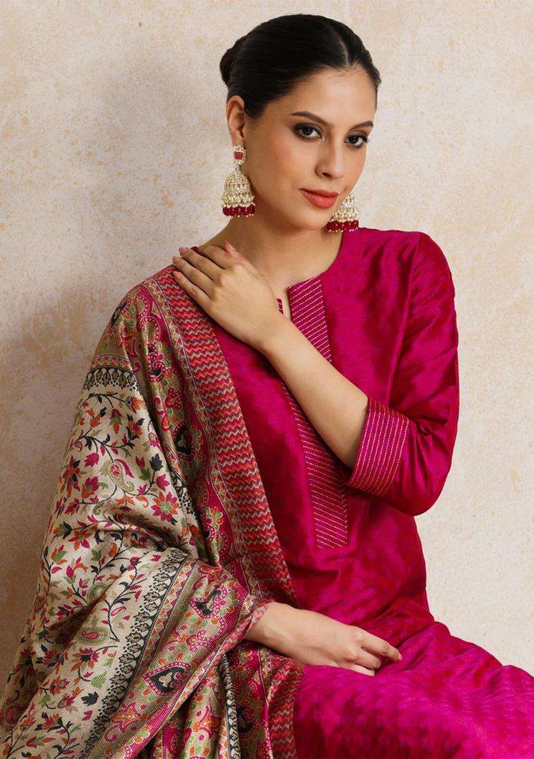 Pink Woven Design Silk Blend Kurta Set - Indya
