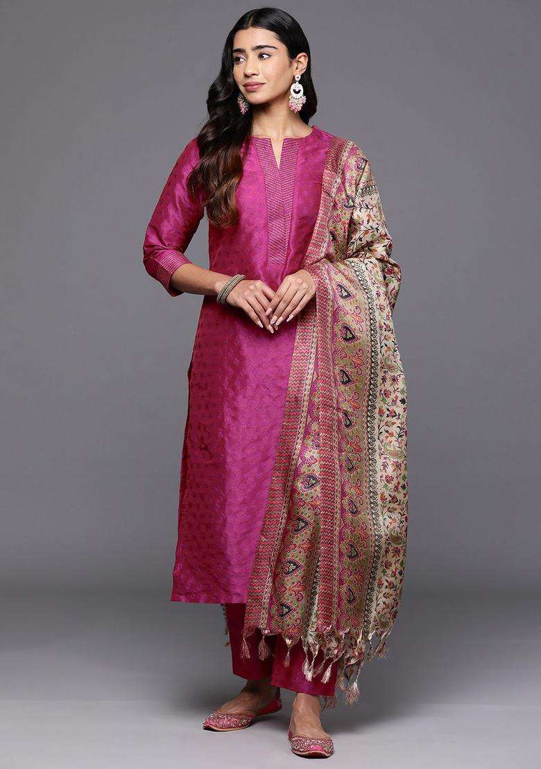 Pink Woven Design Silk Blend Kurta Set - Indya