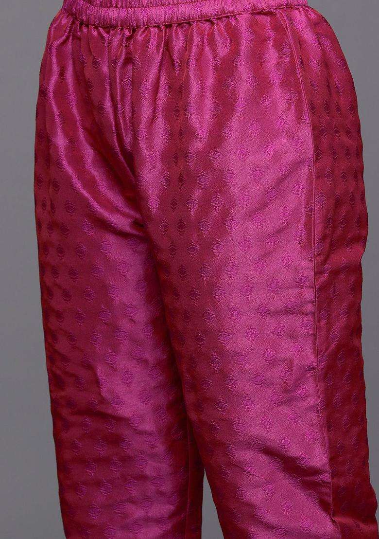 Pink Woven Design Silk Blend Kurta Set - Indya