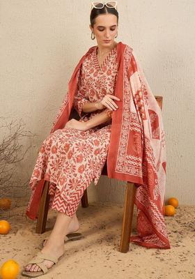 Rust Printed Cotton Kurta Set