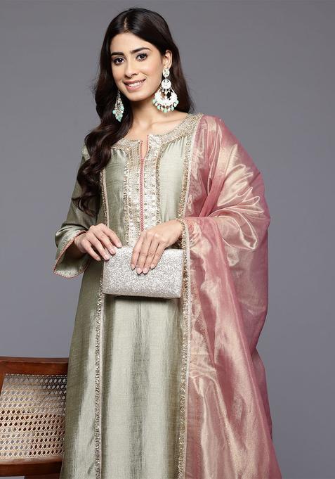 Green Yoke Design Silk Anarkali Set — view on Indya