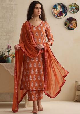 Orange Printed Cotton Kurta Set