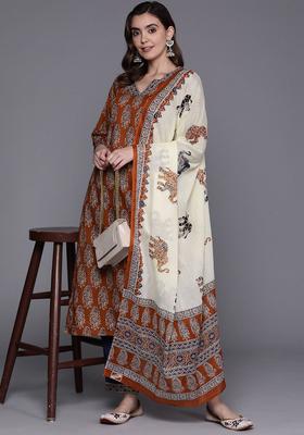 Rust Printed Cotton Kurta Set
