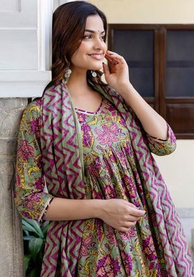 Grey Printed Cotton Kurta Set