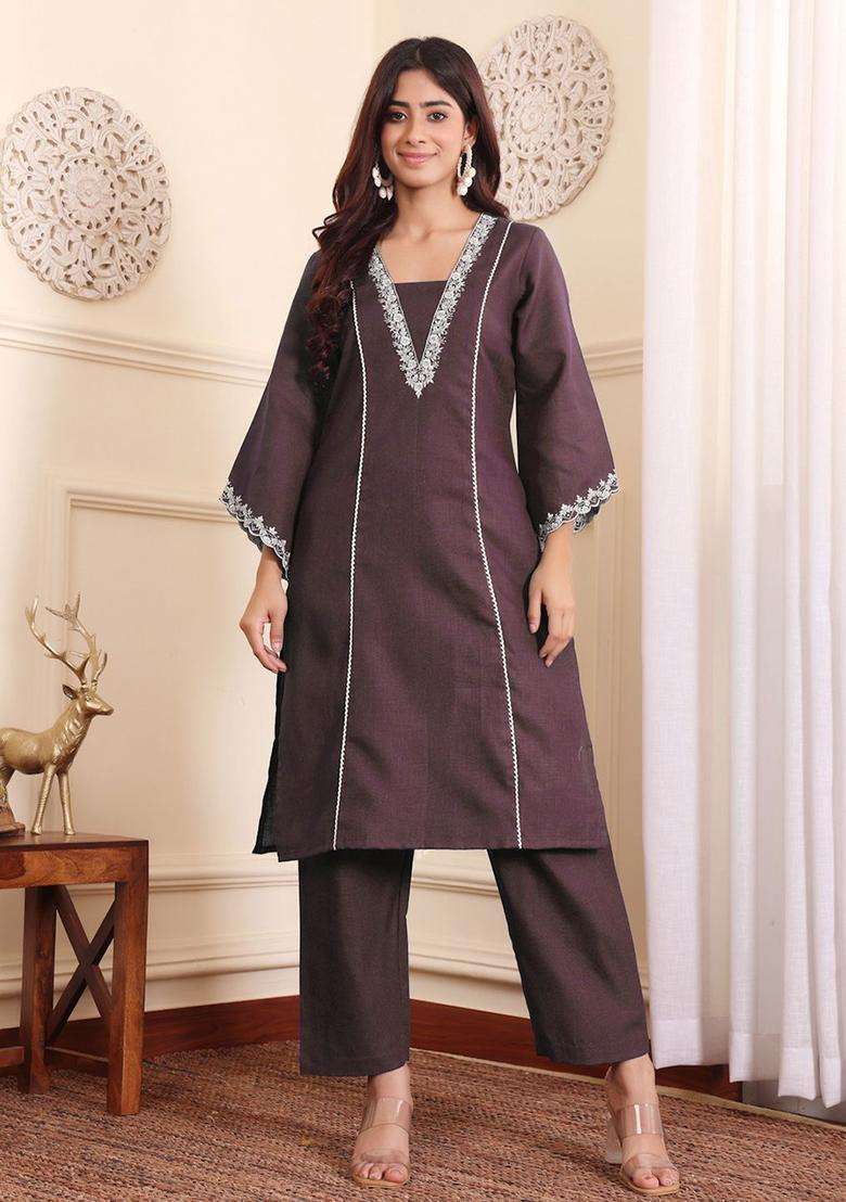 Brown Embroidered Cotton Kurta Set - Indya