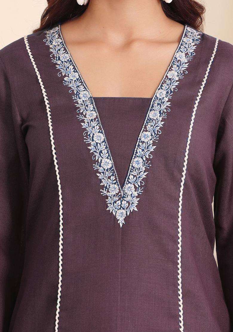 Brown Embroidered Cotton Kurta Set - Indya