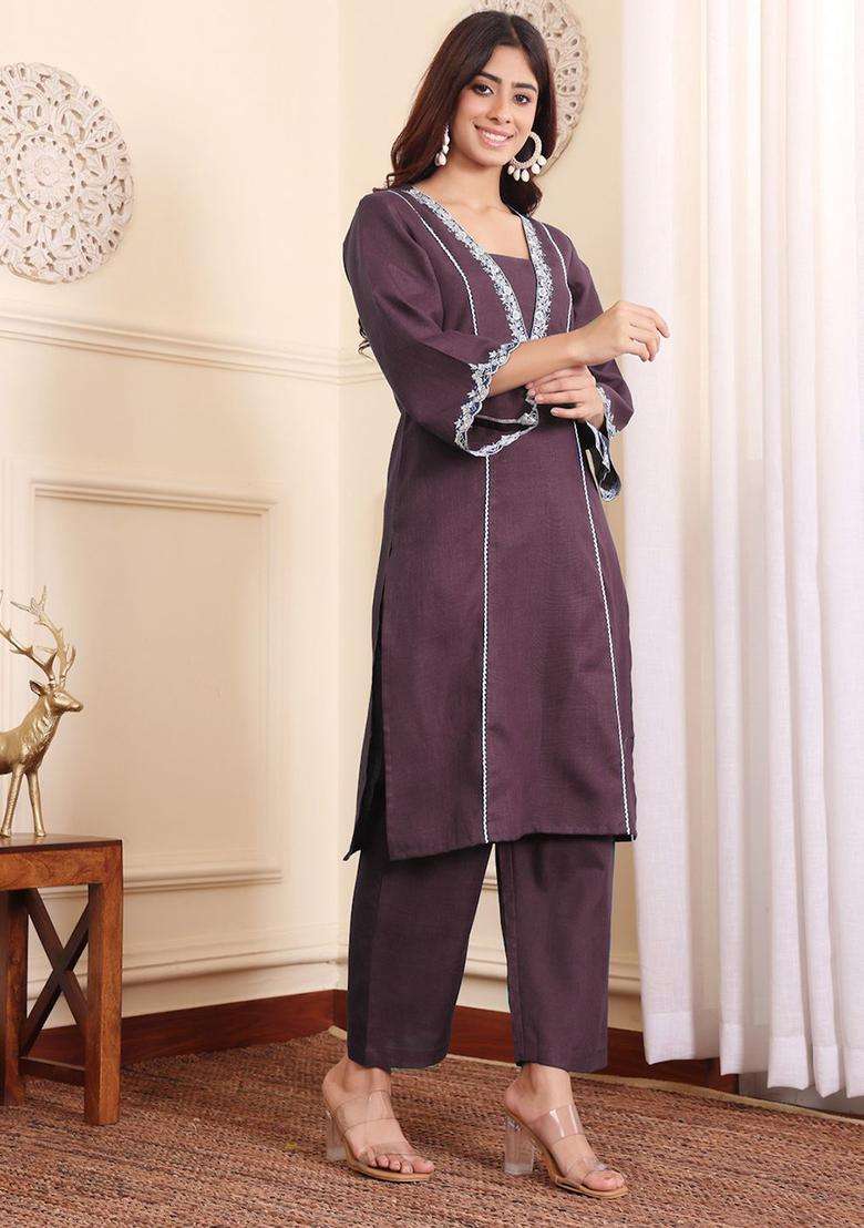 Brown Embroidered Cotton Kurta Set - Indya