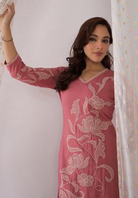 Mauve Embroidered Cotton Kurta Set
