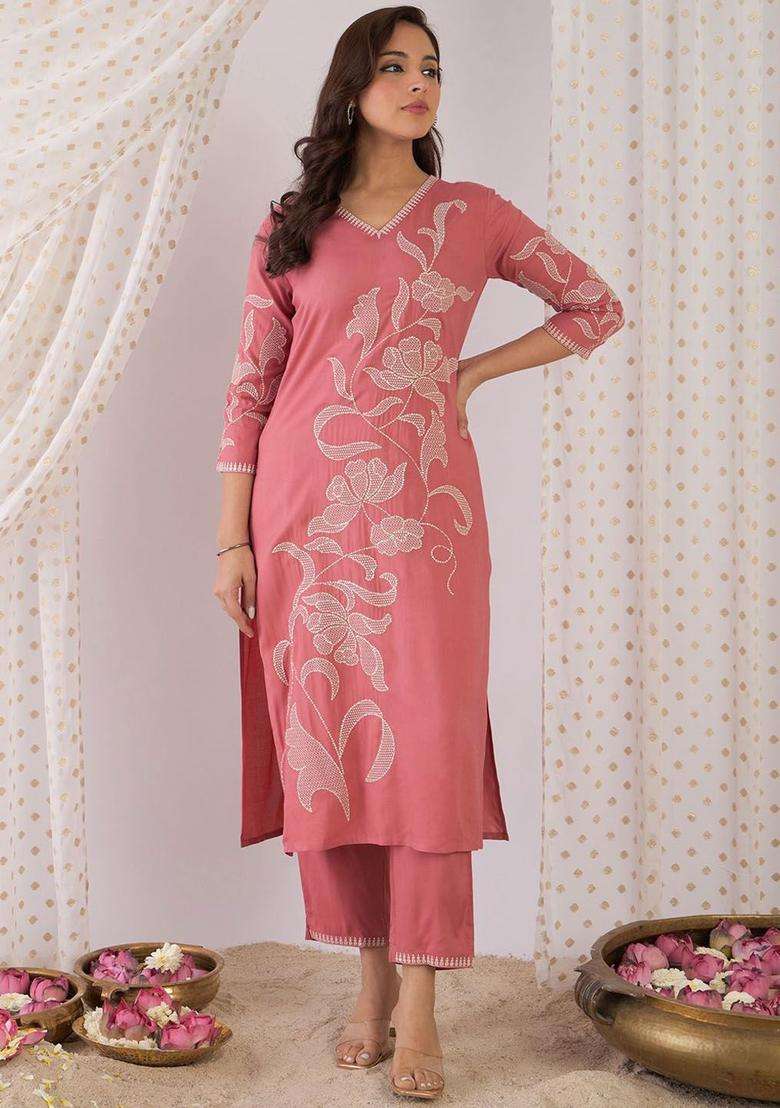 Mauve Embroidered Cotton Kurta Set - Indya