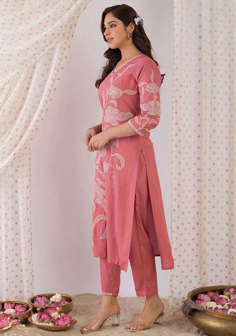 Mauve Embroidered Cotton Kurta Set - Indya