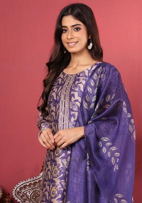 Purple Printed Silk Kurta Set