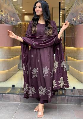 Maroon Printed Viscose Anarkali Set