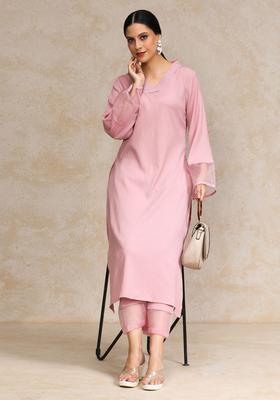 Pink Solid Silk Blend Kurta Set