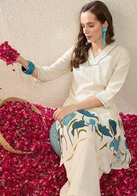 Cream Embroidered Cotton Kurta Set
