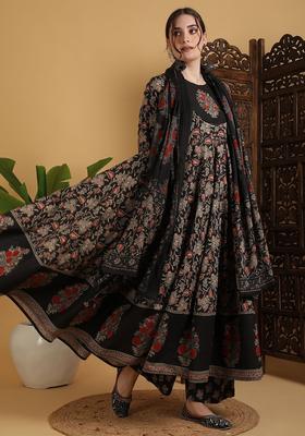 Black Printed Cotton Anarkali Set