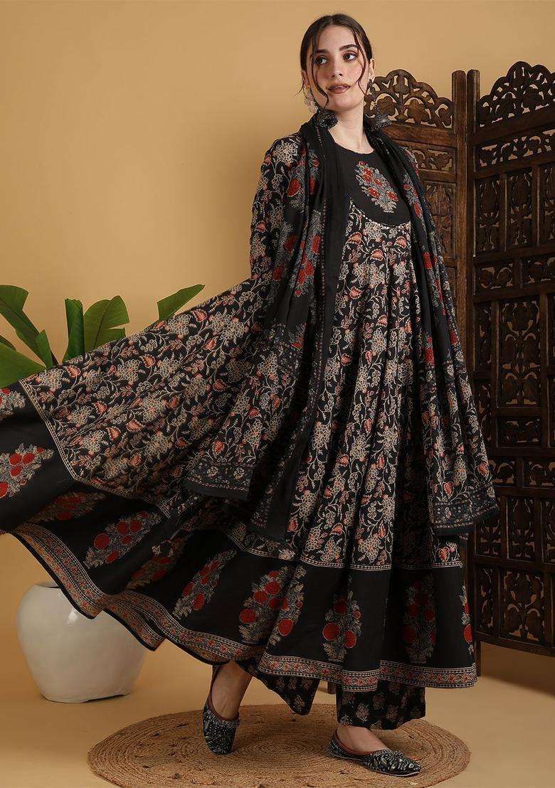 Black Printed Cotton Anarkali Set - Indya
