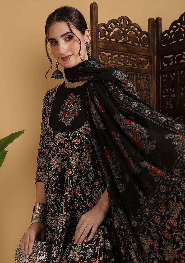 Black Printed Cotton Anarkali Set - Indya