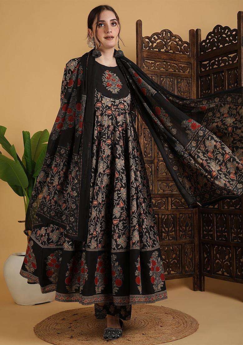 Black Printed Cotton Anarkali Set - Indya