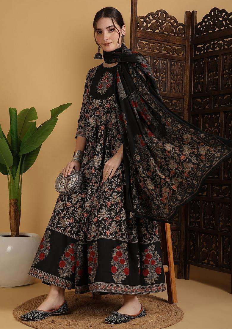 Black Printed Cotton Anarkali Set - Indya